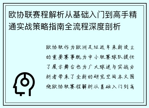 欧协联赛程解析从基础入门到高手精通实战策略指南全流程深度剖析