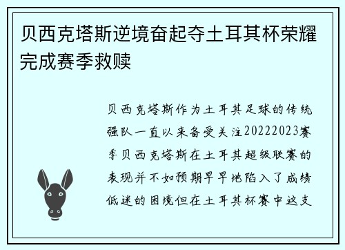 贝西克塔斯逆境奋起夺土耳其杯荣耀完成赛季救赎